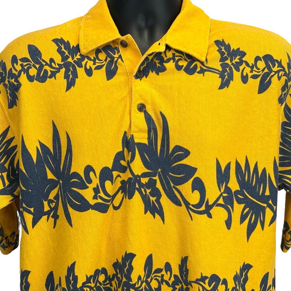 Faded Glory Hawaiian Polo Shirt Floral Striped Yellow Blue Mens L Large
